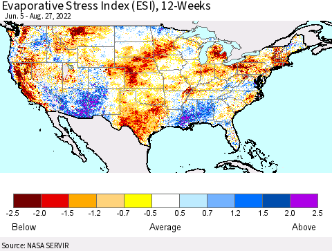 United States Evaporative Stress Index (ESI), 12-Weeks Thematic Map For 8/22/2022 - 8/28/2022