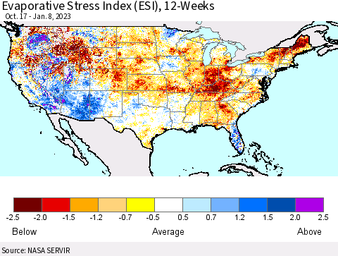 United States Evaporative Stress Index (ESI), 12-Weeks Thematic Map For 1/2/2023 - 1/8/2023