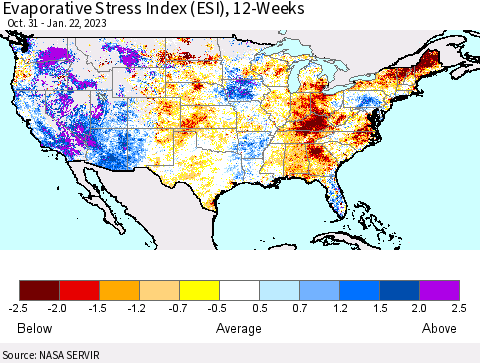 United States Evaporative Stress Index (ESI), 12-Weeks Thematic Map For 1/16/2023 - 1/22/2023