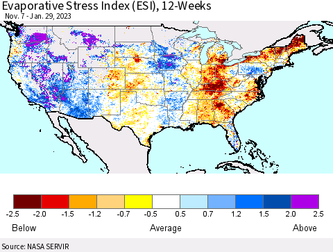 United States Evaporative Stress Index (ESI), 12-Weeks Thematic Map For 1/23/2023 - 1/29/2023
