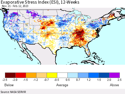 United States Evaporative Stress Index (ESI), 12-Weeks Thematic Map For 2/6/2023 - 2/12/2023