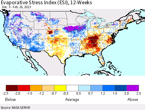 United States Evaporative Stress Index (ESI), 12-Weeks Thematic Map For 2/20/2023 - 2/26/2023