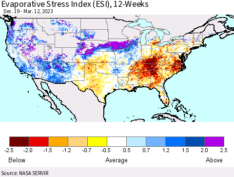 United States Evaporative Stress Index (ESI), 12-Weeks Thematic Map For 3/6/2023 - 3/12/2023