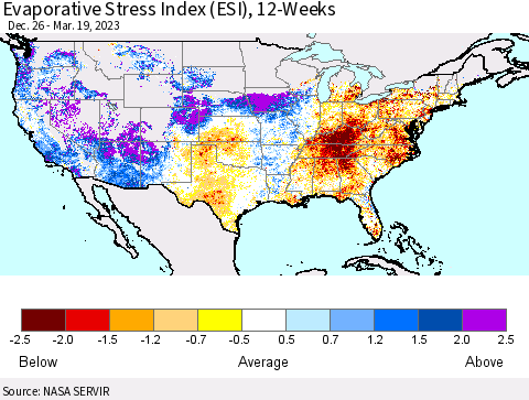 United States Evaporative Stress Index (ESI), 12-Weeks Thematic Map For 3/13/2023 - 3/19/2023