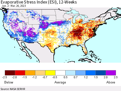 United States Evaporative Stress Index (ESI), 12-Weeks Thematic Map For 3/20/2023 - 3/26/2023