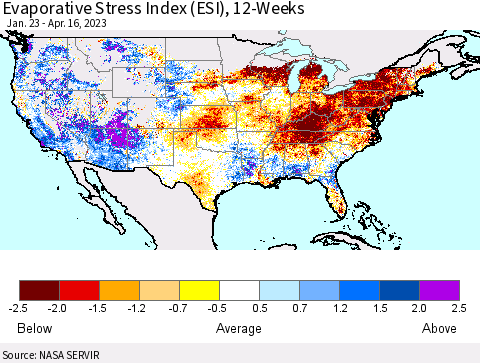 United States Evaporative Stress Index (ESI), 12-Weeks Thematic Map For 4/10/2023 - 4/16/2023