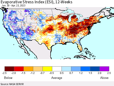 United States Evaporative Stress Index (ESI), 12-Weeks Thematic Map For 4/17/2023 - 4/23/2023