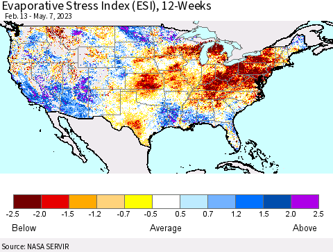 United States Evaporative Stress Index (ESI), 12-Weeks Thematic Map For 5/1/2023 - 5/7/2023
