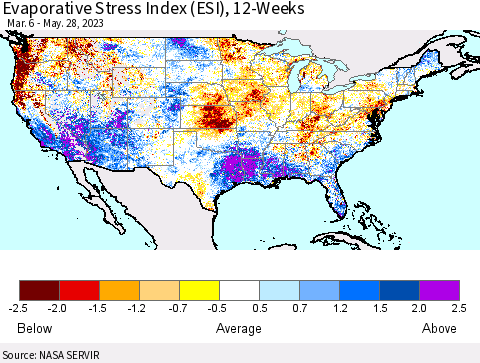 United States Evaporative Stress Index (ESI), 12-Weeks Thematic Map For 5/22/2023 - 5/28/2023