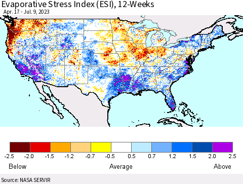 United States Evaporative Stress Index (ESI), 12-Weeks Thematic Map For 7/3/2023 - 7/9/2023