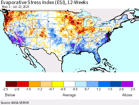 United States Evaporative Stress Index (ESI), 12-Weeks Thematic Map For 7/17/2023 - 7/23/2023