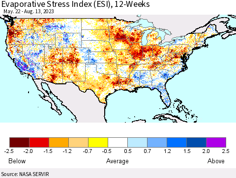 United States Evaporative Stress Index (ESI), 12-Weeks Thematic Map For 8/7/2023 - 8/13/2023