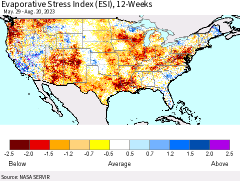 United States Evaporative Stress Index (ESI), 12-Weeks Thematic Map For 8/14/2023 - 8/20/2023