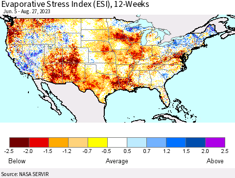United States Evaporative Stress Index (ESI), 12-Weeks Thematic Map For 8/21/2023 - 8/27/2023