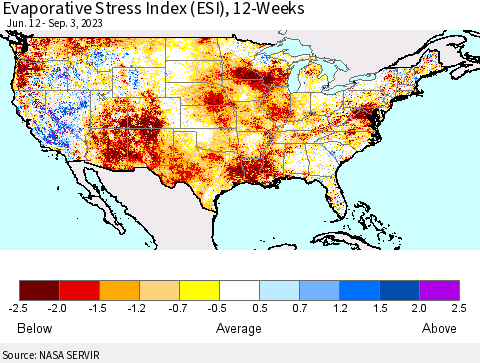 United States Evaporative Stress Index (ESI), 12-Weeks Thematic Map For 8/28/2023 - 9/3/2023