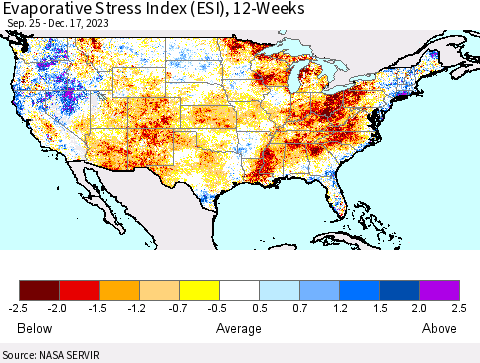 United States Evaporative Stress Index (ESI), 12-Weeks Thematic Map For 12/11/2023 - 12/17/2023