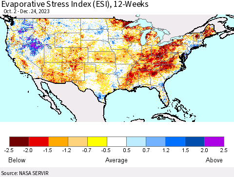 United States Evaporative Stress Index (ESI), 12-Weeks Thematic Map For 12/18/2023 - 12/24/2023