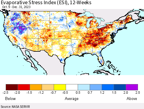 United States Evaporative Stress Index (ESI), 12-Weeks Thematic Map For 12/25/2023 - 12/31/2023