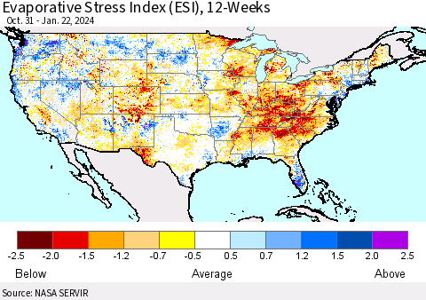 United States Evaporative Stress Index (ESI), 12-Weeks Thematic Map For 1/22/2024 - 1/28/2024