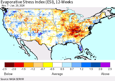United States Evaporative Stress Index (ESI), 12-Weeks Thematic Map For 1/29/2024 - 2/4/2024