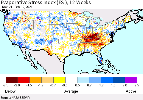 United States Evaporative Stress Index (ESI), 12-Weeks Thematic Map For 2/12/2024 - 2/18/2024