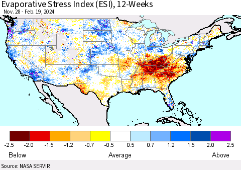 United States Evaporative Stress Index (ESI), 12-Weeks Thematic Map For 2/19/2024 - 2/25/2024