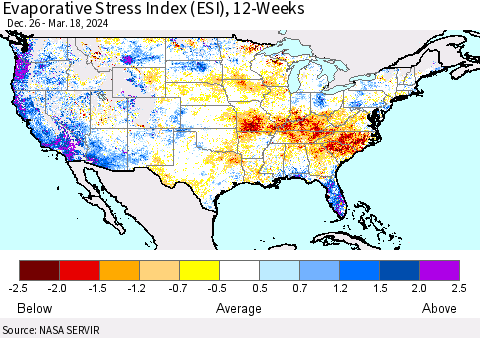 United States Evaporative Stress Index (ESI), 12-Weeks Thematic Map For 3/18/2024 - 3/24/2024