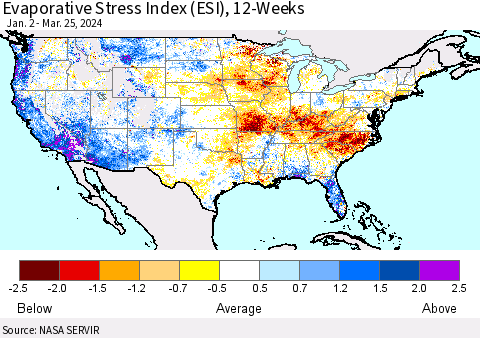 United States Evaporative Stress Index (ESI), 12-Weeks Thematic Map For 3/25/2024 - 3/31/2024