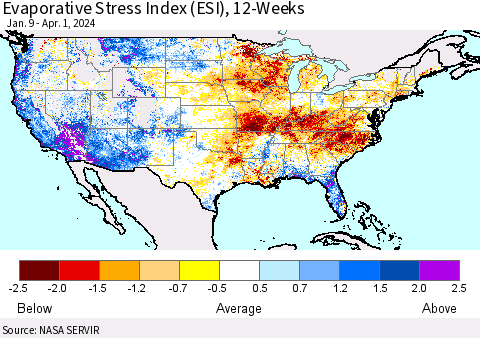 United States Evaporative Stress Index (ESI), 12-Weeks Thematic Map For 4/1/2024 - 4/7/2024