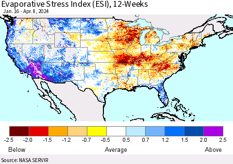 United States Evaporative Stress Index (ESI), 12-Weeks Thematic Map For 4/8/2024 - 4/14/2024