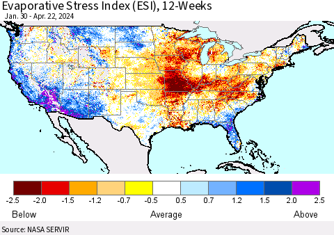 United States Evaporative Stress Index (ESI), 12-Weeks Thematic Map For 4/22/2024 - 4/28/2024