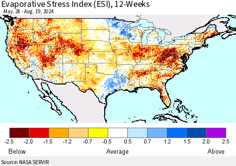 United States Evaporative Stress Index (ESI), 12-Weeks Thematic Map For 8/19/2024 - 8/25/2024