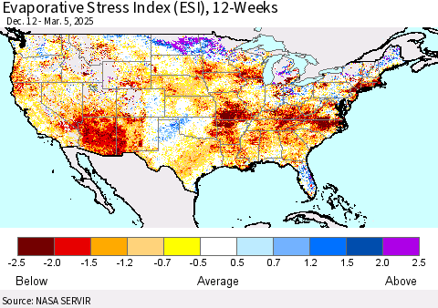 United States Evaporative Stress Index (ESI), 12-Weeks Thematic Map For 3/3/2025 - 3/9/2025