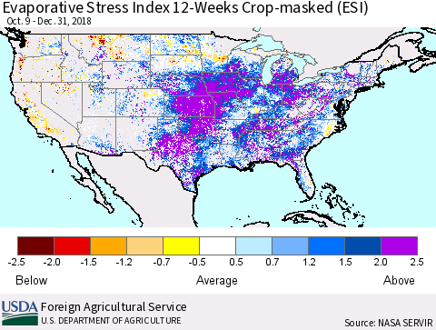 United States Evaporative Stress Index 12-Weeks Crop-masked (ESI) Thematic Map For 12/31/2018 - 1/6/2019