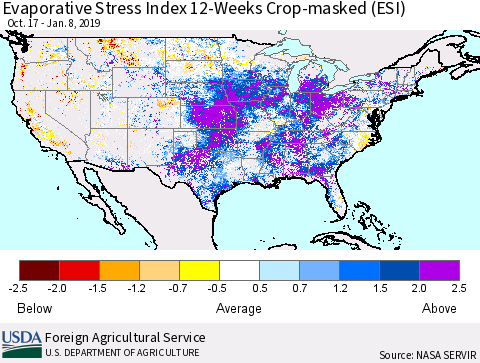 United States Evaporative Stress Index 12-Weeks Crop-masked (ESI) Thematic Map For 1/7/2019 - 1/13/2019