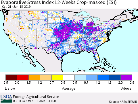 United States Evaporative Stress Index 12-Weeks Crop-masked (ESI) Thematic Map For 1/14/2019 - 1/20/2019