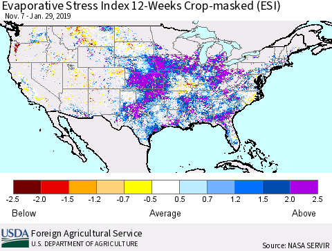 United States Evaporative Stress Index (ESI), 12-Weeks over Croplands Thematic Map For 1/28/2019 - 2/3/2019