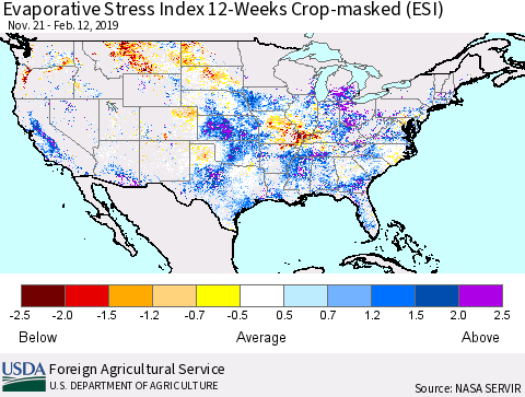 United States Evaporative Stress Index 12-Weeks Crop-masked (ESI) Thematic Map For 2/11/2019 - 2/17/2019