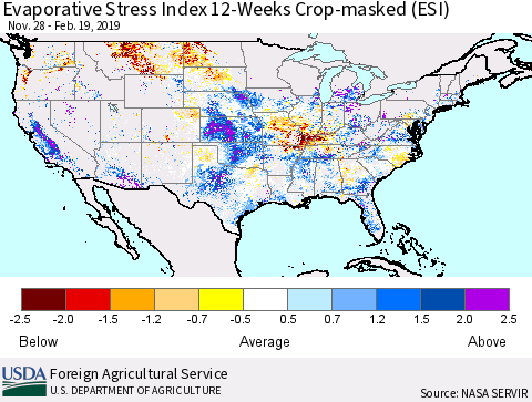 United States Evaporative Stress Index (ESI), 12-Weeks over Croplands Thematic Map For 2/18/2019 - 2/24/2019
