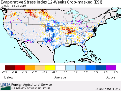 United States Evaporative Stress Index 12-Weeks Crop-masked (ESI) Thematic Map For 2/25/2019 - 3/3/2019