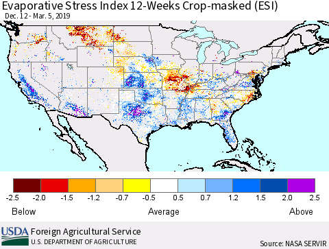 United States Evaporative Stress Index (ESI), 12-Weeks over Croplands Thematic Map For 3/4/2019 - 3/10/2019