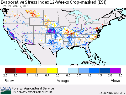 United States Evaporative Stress Index (ESI), 12-Weeks over Croplands Thematic Map For 3/11/2019 - 3/17/2019