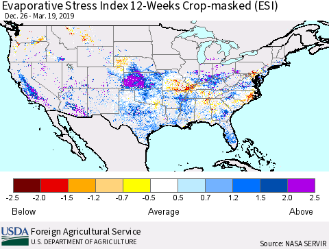 United States Evaporative Stress Index (ESI), 12-Weeks over Croplands Thematic Map For 3/18/2019 - 3/24/2019