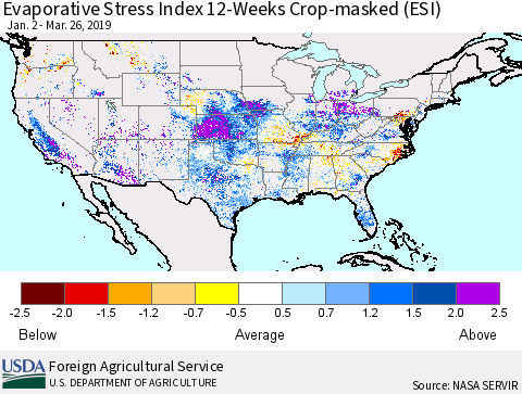 United States Evaporative Stress Index 12-Weeks Crop-masked (ESI) Thematic Map For 3/25/2019 - 3/31/2019