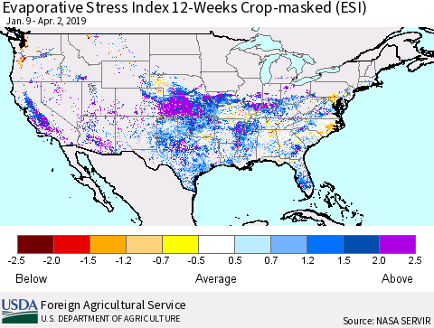 United States Evaporative Stress Index (ESI), 12-Weeks over Croplands Thematic Map For 4/1/2019 - 4/7/2019