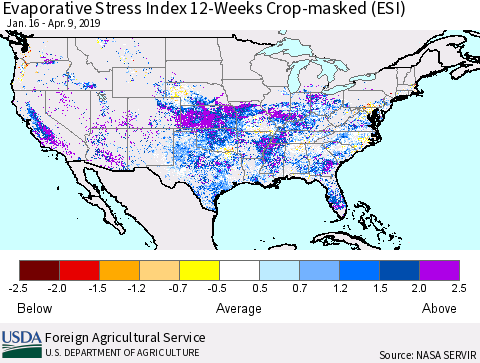 United States Evaporative Stress Index (ESI), 12-Weeks over Croplands Thematic Map For 4/8/2019 - 4/14/2019