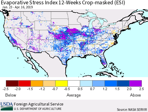United States Evaporative Stress Index (ESI), 12-Weeks over Croplands Thematic Map For 4/15/2019 - 4/21/2019