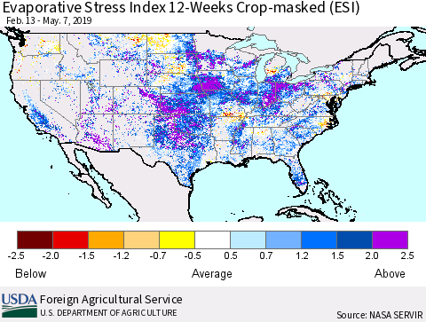 United States Evaporative Stress Index (ESI), 12-Weeks over Croplands Thematic Map For 5/6/2019 - 5/12/2019