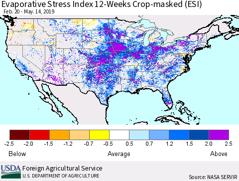 United States Evaporative Stress Index (ESI), 12-Weeks over Croplands Thematic Map For 5/13/2019 - 5/19/2019