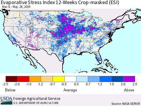 United States Evaporative Stress Index (ESI), 12-Weeks over Croplands Thematic Map For 5/27/2019 - 6/2/2019